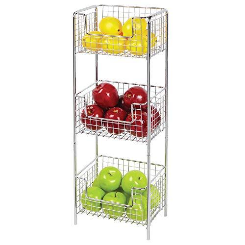 Mdesign 3 Tier Vertical Standing Kitchen Pantry Food Shelving Unit - Decorative Metal Storage Organizer Tower Rack With 3 Basket Bins To Hold And Organize Fruit, Potatoes, Snacks - Chrome