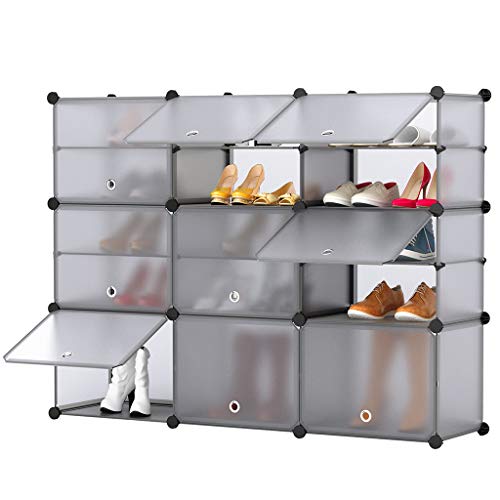 LANGRIA 15-Cube Shoe Rack DIY Organizer Units with Extra Dividers, Cubby Modular Shelving Storage Plastic Cabinet with Translucent Doors (Grey, 12 Regular+3 Tall Cubes)