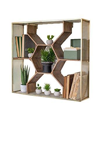 30 Inch Kalalou Honey Comb Shaped Wall Mounted Shelf with a Metal Mesh Frame in an Antique Brass Finish and Wood Shelves with Compartments