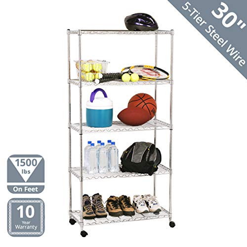 Seville Classics 5-Tier Steel Wire Shelving with Wheels, 30" W x 14" D x 60" H, Plated Steel