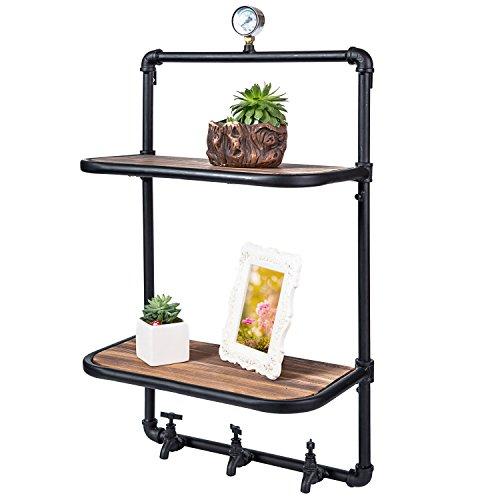 2 Tier Industrial Style Wood &Amp; Metal Wall Mounted Shelves With 3 Faucet Design Hooks