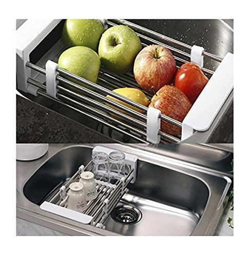 Vivian Fruits and Vegetables Draining Rack Multifunctional Telescopic Stainless Steel Sink Drain Basket Rack Storage Organizer (White)