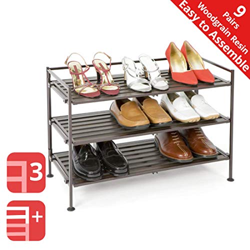 Seville Classics 3-Tier Stackable 9-Pair Woodgrain Resin Slat Shelf Sturdy Metal Frame Shoe Storage Rack Organizer, Perfect for Bedroom, Closet, Entryway, Dorm Room, Espresso