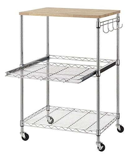 Finnhomy 3-Tier Wire Rolling Kitchen Cart, Food Service Cart, Microwave Stand, Oak Cutting Board and Chrome