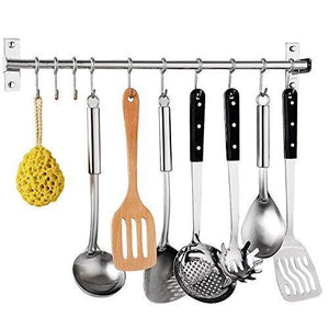 Sonorospace Kitchen Sliding Hooks, Stainless Steel Hanging Rack Rail Organize Kitchen Tools with Utensil Removable S Hooks for Towel, Pot Pan, Spoon, Coats, Bathrobe, BBQ,Wall Mounted Hanger
