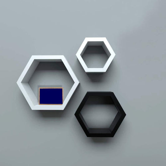 Wall Shelf Rack Set of 3 Hexagon Shape Storage Wall Shelves for Home - (Black & White)