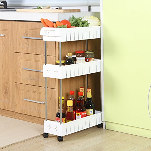 AOMACO 3-Tier Gap Kitchen Slim Slide Out Storage Tower Rack--Mobile Shelving Unit Organizer with Universal Wheels and Hook-Slim Slide Out Pantry Storage Rack for Narrow Spaces Laundry, Bathroom&Kitch