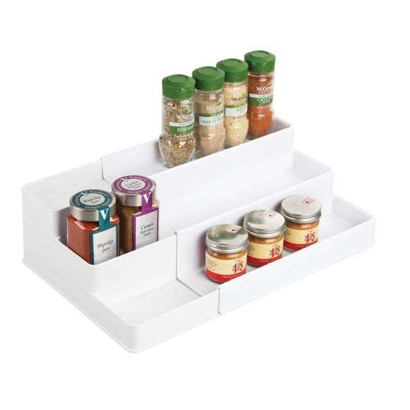 mDesign Plastic Adjustable, Expandable Kitchen Cabinet, Pantry, Shelf Organizer/Spice Rack with 3 Tiered Levels of Storage for Spice Bottles, Jars, Seasonings, Baking Supplies - White