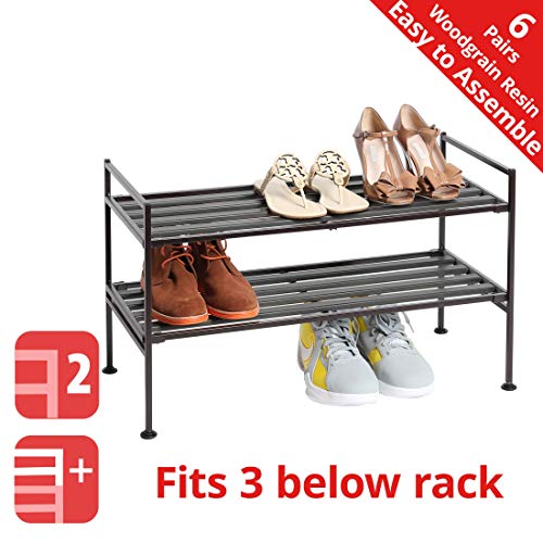 Seville Classics 2-Tier Stackable 6-Pair Woodgrain Resin Slat Shelf Sturdy Metal Frame Shoe Storage Rack Organizer, Perfect for Bedroom, Closet, Entryway, Dorm Room, Espresso