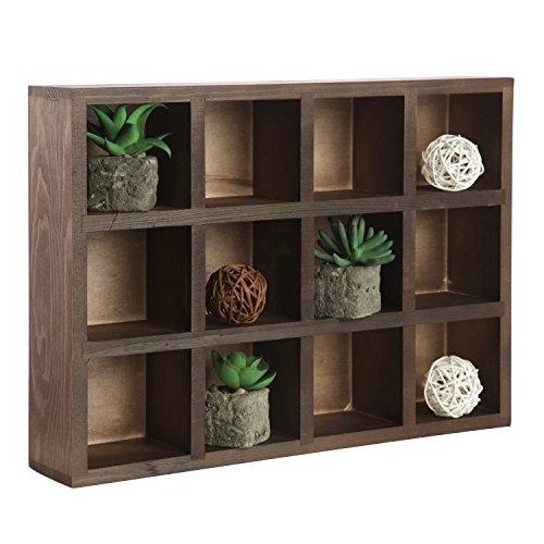 12 Compartment Brown Wood Freestanding Or Wall Mounted Shadow Box, Display Shelf Shelving Unit