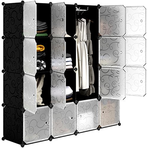 LANGRIA 16-Cube DIY Shoe Rack, Storage Drawer Unit Multi Use Modular Organizer Plastic Cabinet with Doors, Black and White Curly Pattern