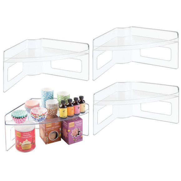 mDesign Plastic Kitchen Cabinet Lazy Susan Food Storage Organizer Raised Shelf Tray - 2 Tier, Pie-Shaped, 1/4 Wedge, Organize Soup Cans, Pasta, Tea, Coffee, Spices, Jars, Bottles - 4 Pack - Clear