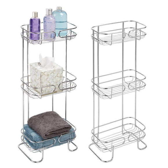 mDesign Rectangular Metal Bathroom Shelf Unit - Free Standing Vertical Storage for Organizing and Storing Hand Towels, Body Lotion, Facial Tissues, Bath Salts - 3 Shelves, 2 Pack - Chrome