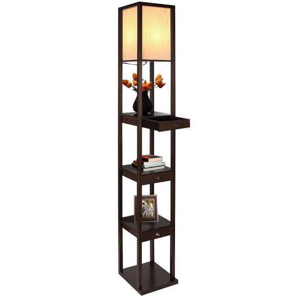 Brightech Maxwell Drawer Edition - Shelf & LED Floor Lamp Combination - Modern Living Room Standing Light with Asian Display Shelves - Classic Black
