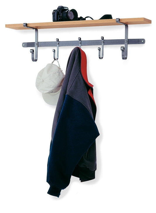 Enclume Shelf Coat Rack with Hardwood Shelf, Hammered Steel