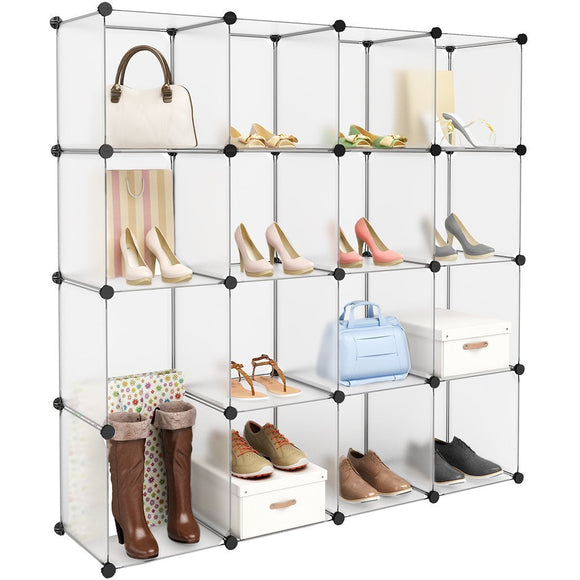 LANGRIA 16-Cube Modular Clothes Shelving Storage Organizer DIY Plastic Shoe Rack Cabinet Translucent White