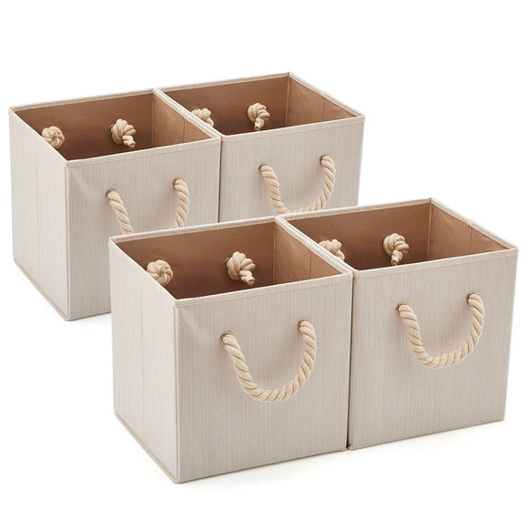 Set of 4 EZOWare Foldable Bamboo Fabric Storage Bins with Cotton Rope Handle, Collapsible Resistant Basket Box Organizer for Shelves, Closet, and More - (10.5 x 10.5 x11 inch) (Beige)