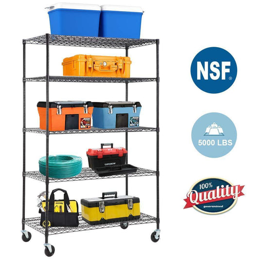 5-Wire Shelving Unit Steel Large Metal Shelf Organizer Garage Storage Shelves Heavy Duty NSF Certified Commercial Grade Height Adjustable Rack 5000 LBS Capacity on 4" Wheels 24"D x 48"W x 76"H,Black