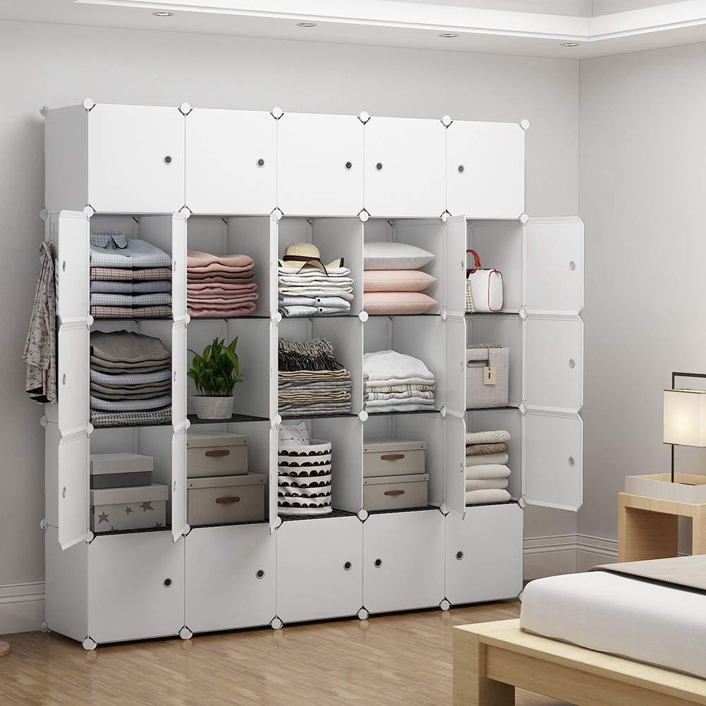 YOZO Modular Closet Portable Wardrobe for Teens Kids Chest Drawer Ployresin Clothes Storage Organizer Cube Shelving Unit Multifunction Toy Cabinet Bookshelf DIY Furniture, White, 25 Cubes