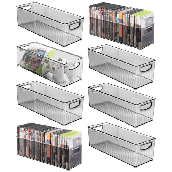 mDesign Plastic Stackable Household Storage Organizer Container Bin with Handles - for Media Consoles, Closets, Cabinets - Holds DVD's, Video Games, Gaming Accessories, Head Sets - 8 Pack - Smoke Gray