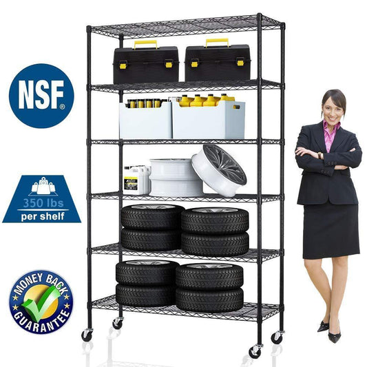 6 Tier Storage Shelves Metal Wire Shelving Unit Height Adjustable NSF Heavy Duty Garage Shelving with Wheels 48"x18"x82" Commercial Grade Utility Shelf Rack for Restaurant Basement Garage Kitchen