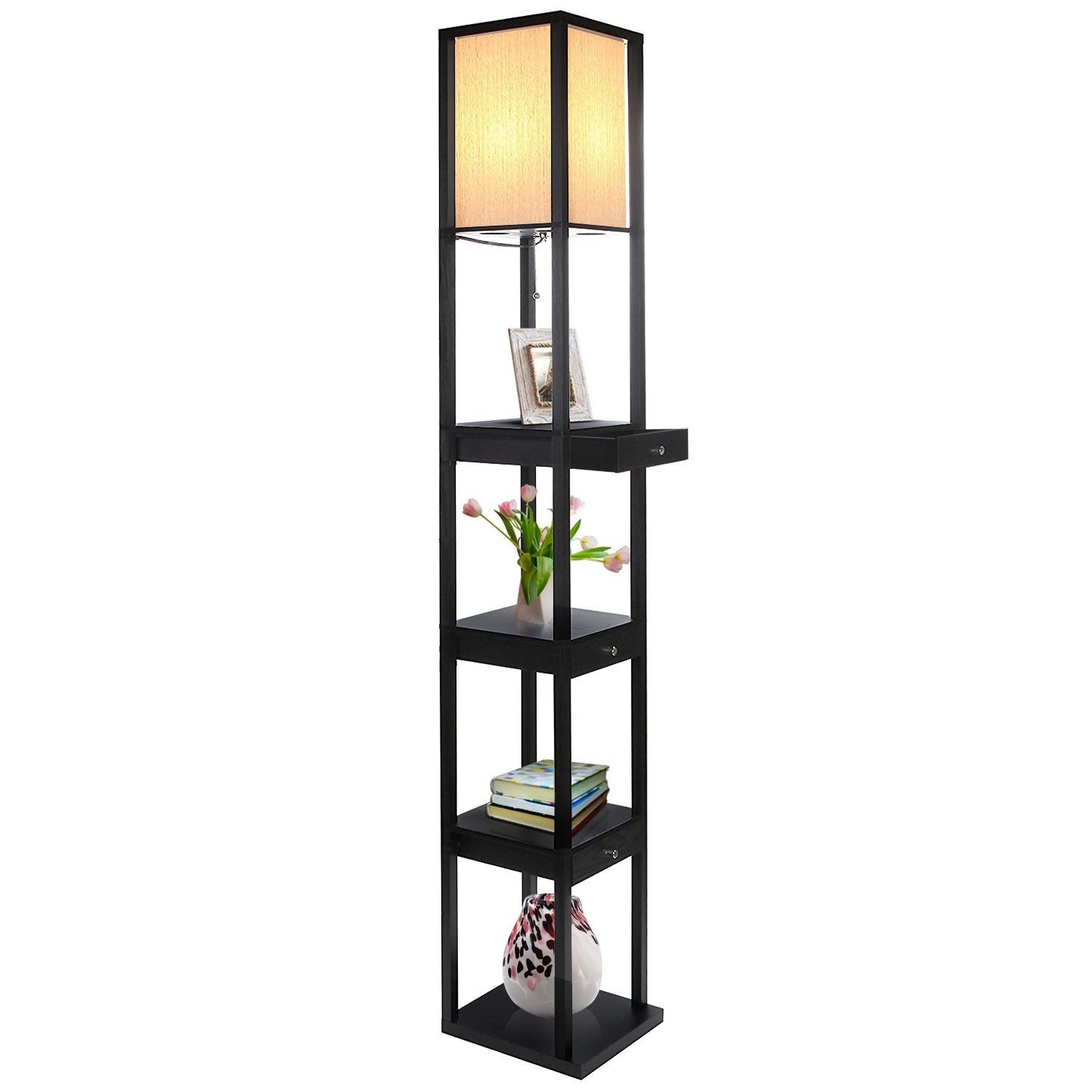 Brightech Maxwell Drawer Edition - Shelf & LED Floor Lamp Combination - Modern Living Room Standing Light with Asian Display Shelves - Classic Black