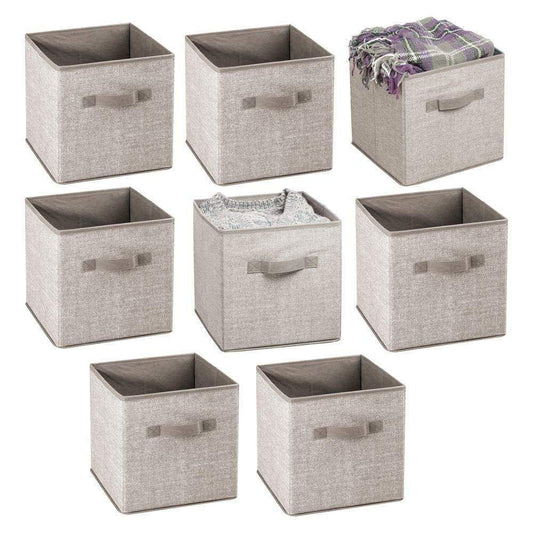 mDesign Small Soft Fabric Closet Organizer Cube Bin Box - Front Handle - Storage for Closet, Bedroom, Furniture Shelving Units - Textured Print, 11" High - 8 Pack - Linen/Tan