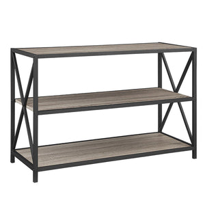 WE Furniture 40" X Frame Metal & Wood Small Media Bookshelf Short, Driftwood, 3 Tier Display Bookcase Organizer 3 Shelf Entryway Table
