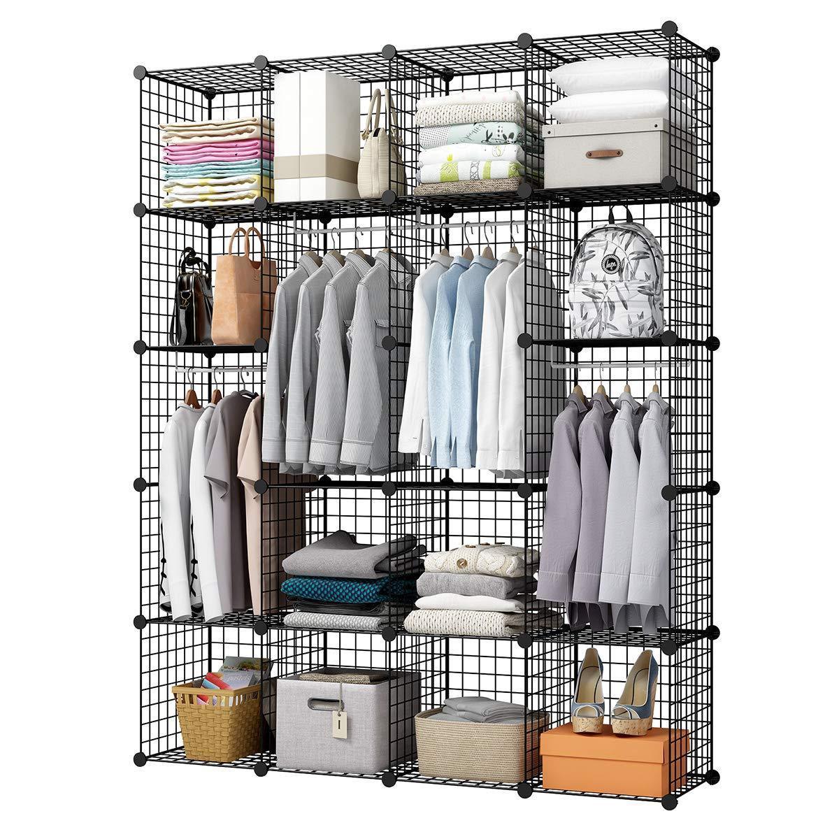 KOUSI Wire Storage Cubes Modular Metal Cubbies Organizer Customizable Metal Rack Cloths Closet Cubes Storage Shelves MultiFuncation Shelving Unit, 8 Cubes+4 Hanging Sections