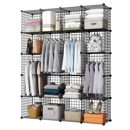 KOUSI Wire Storage Cubes Modular Metal Cubbies Organizer Customizable Metal Rack Cloths Closet Cubes Storage Shelves MultiFuncation Shelving Unit, 8 Cubes+4 Hanging Sections