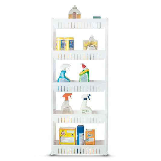 Bathroom and Kitchen Slim Storage Cart - Slide Out Shelf Storage Tower Cabinet as a Plastic Small Mobile Shelving with 5 Shelves Narrow Space Organizer in Laundry Room Closet Office