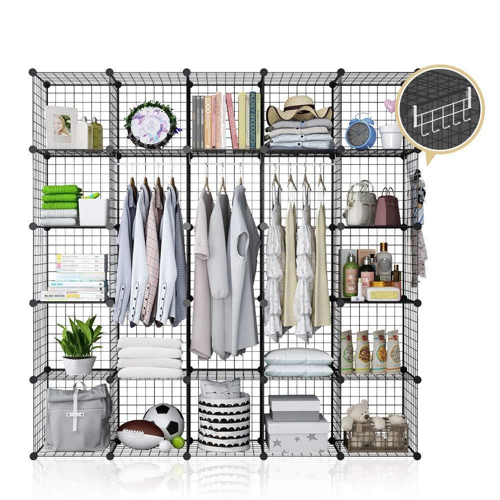 YOZO Modular Wire Cube Storage Wardrobe Closet Organizer Metal Rack Book Shelf MultiFuncation Shelving Unit, 25 Cubes, Depth 14 inches, Black