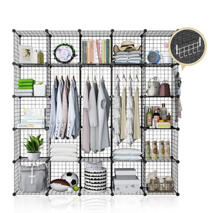 YOZO Modular Wire Cube Storage Wardrobe Closet Organizer Metal Rack Book Shelf MultiFuncation Shelving Unit, 25 Cubes, Depth 14 inches, Black