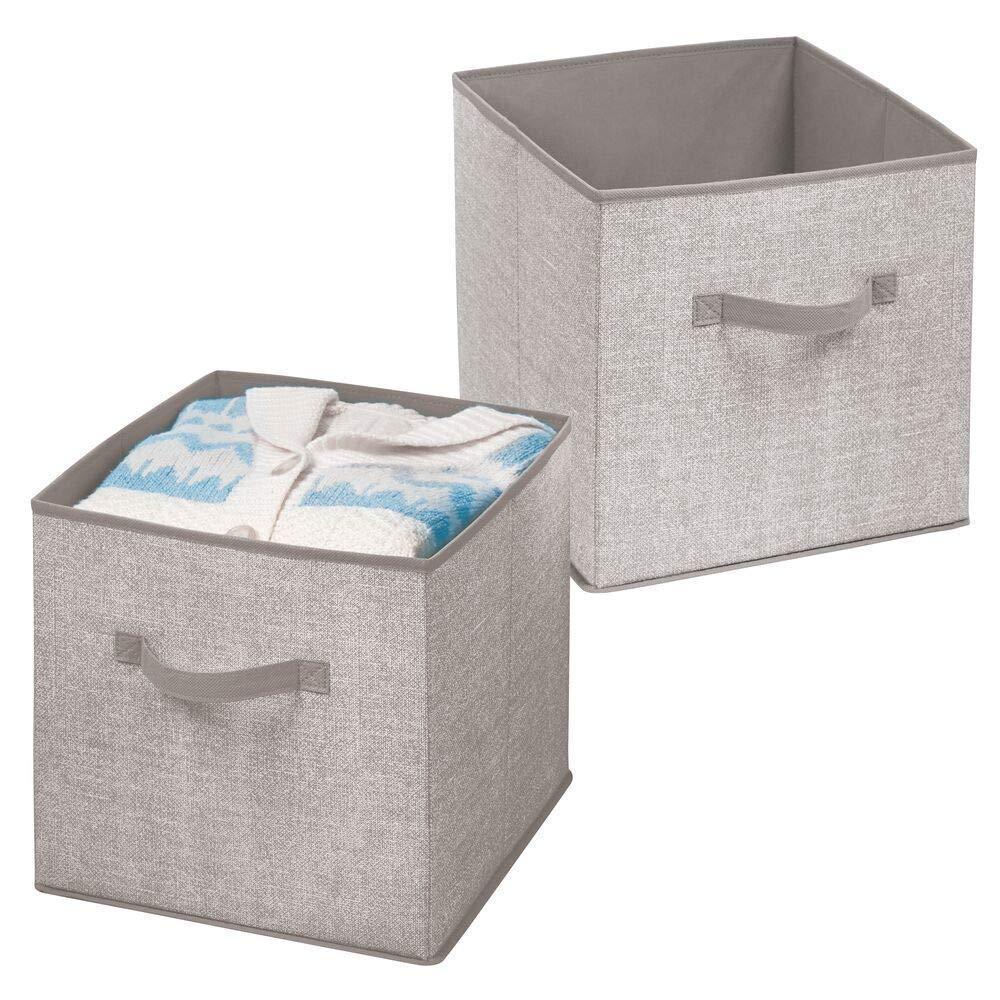 mDesign Large Soft Fabric Closet, Home Storage Organizer Cube Bin Box - Front Handle - Storage for Closet, Bedroom, Furniture Shelving Units - Textured Print, 12.75" High - 2 Pack - Linen/Tan