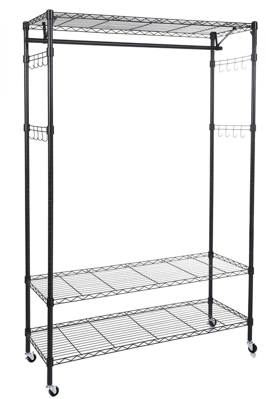 Homdox 3-Tiers Big Size Heavy Duty Wire Shelving Unit Garment Rack with Hanger Bar Wheels+2 Pair Side Hooks,Black