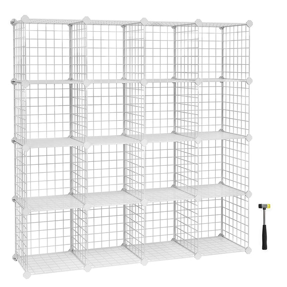 SONGMICS Metal Wire Cube Storage,16-Cube Shelves Organizer,Stackable Storage Bins, Modular Bookcase, DIY Closet Cabinet Shelf, 48.4”L x 12.2”W x 48.4”H, White ULPI44W