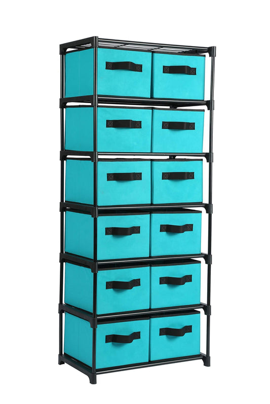 Homebi Storage Chest Shelf Unit 12-Drawer Storage Cabinet with 6-Tier Metal Wire Shelf and 12 Removable Non-woven Fabric Bins in Turquoise,20.67"W x 12"D x49.21"H