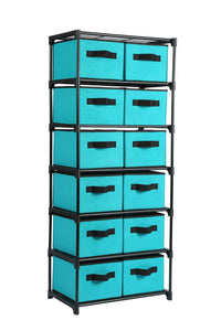 Homebi Storage Chest Shelf Unit 12-Drawer Storage Cabinet with 6-Tier Metal Wire Shelf and 12 Removable Non-woven Fabric Bins in Turquoise,20.67"W x 12"D x49.21"H