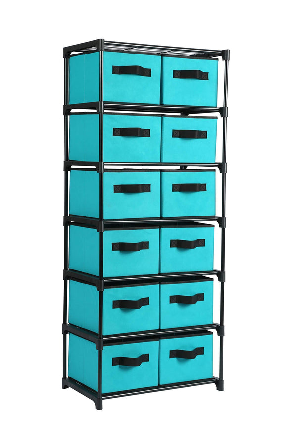 Homebi Storage Chest Shelf Unit 12-Drawer Storage Cabinet with 6-Tier Metal Wire Shelf and 12 Removable Non-woven Fabric Bins in Turquoise,20.67