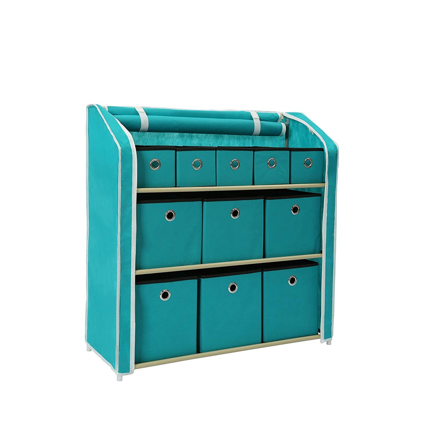 Homebi Multi-Bin Storage Shelf 11 Drawers Storage Chest Linen Organizer Closet Cabinet with Zipper Covered Foldable Fabric Bins and Sturdy Metal Shelf Frame in Turquoise,31"W x12" Dx32"H