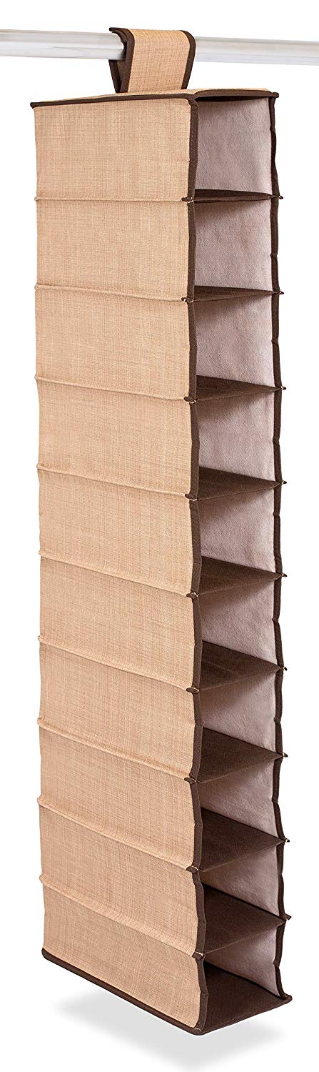 Internet's Best 10 Tier Hanging Shoe Organizer | Narrow Shelf Closet Shoe Rack | Footwear Storage | Brown (Beige)