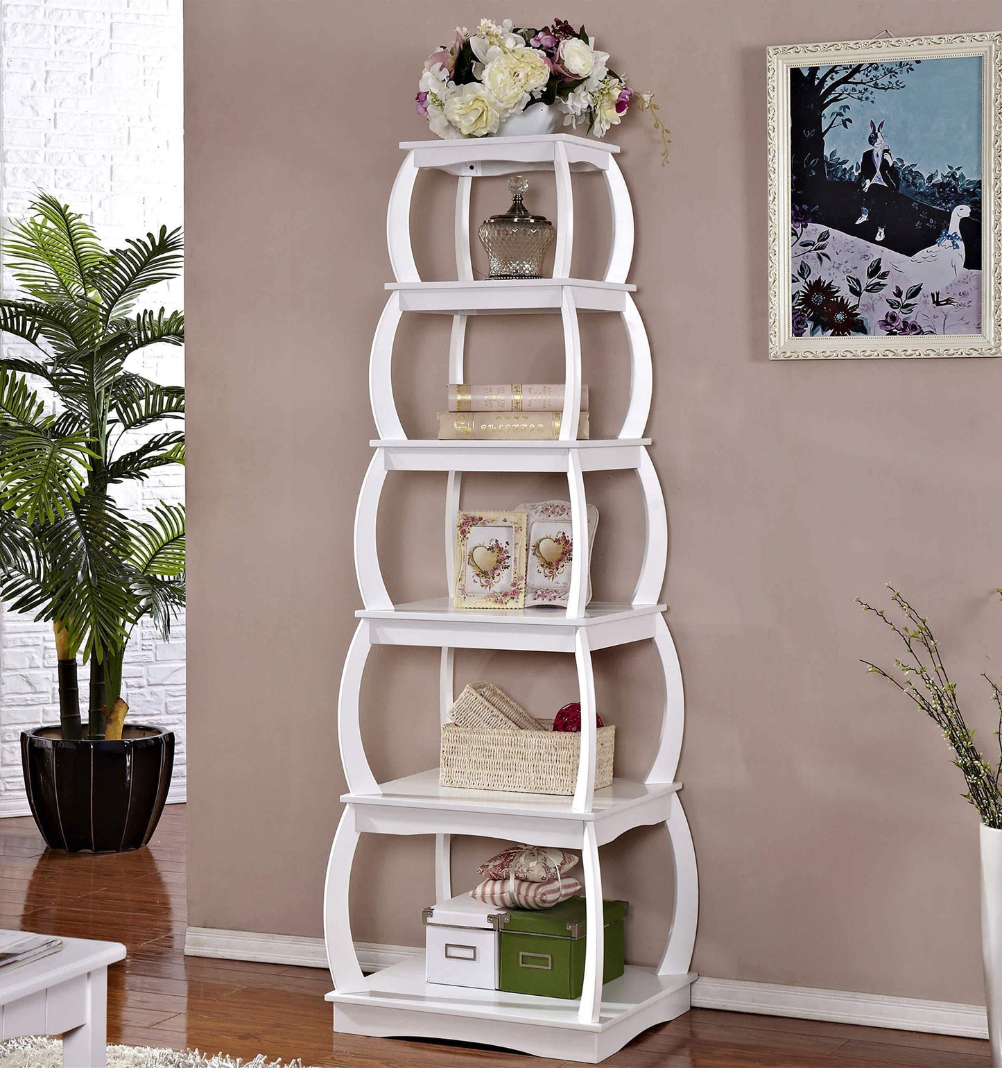 Mixcept 66" Multi-Purpose Shelves 5 Tier Bookshelf Bookcases Wooden Storage Display Shelf Standing Shelving Unit Collection Shelf, White