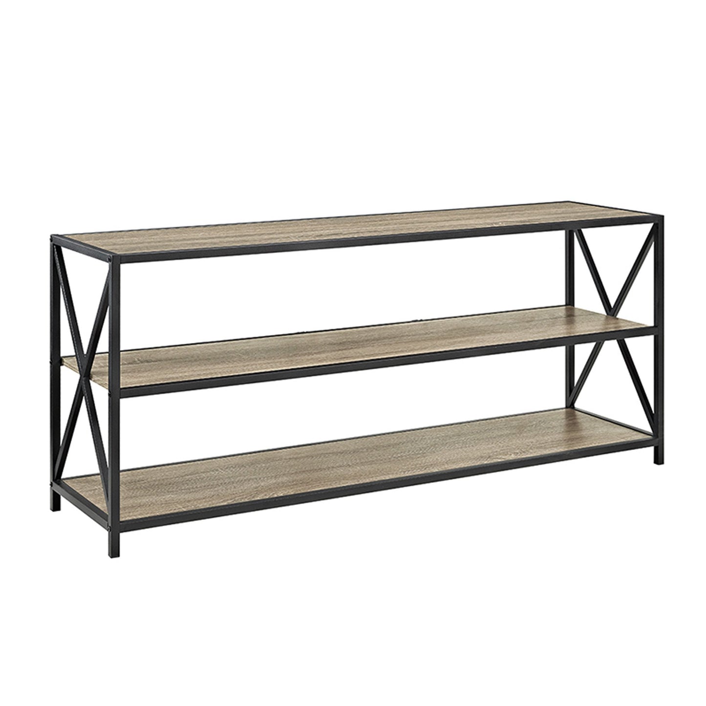 60" Wide X,Frame Metal and Wood Media Bookshelf in Driftwood Finish