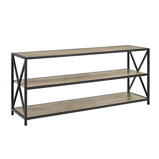 60" Wide X,Frame Metal and Wood Media Bookshelf in Driftwood Finish