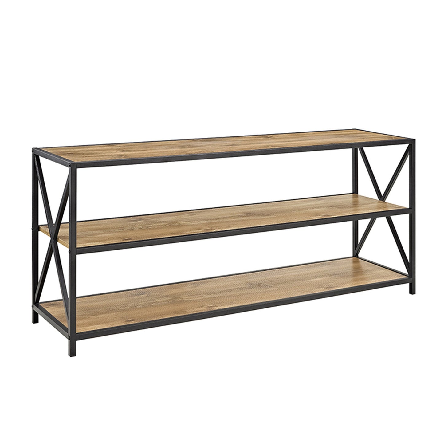 60" Wide X,Frame Metal and Wood Media Bookshelf in Barnwood Finish