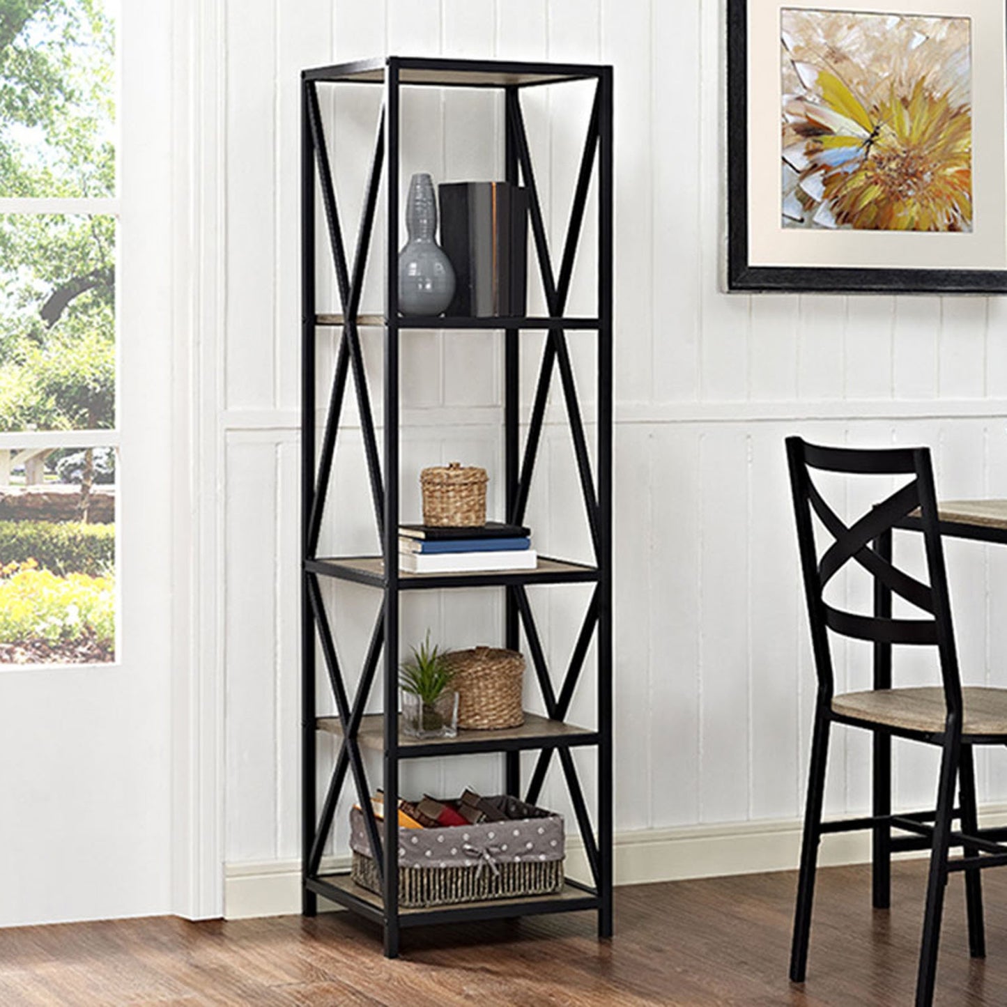 61" Tall X,Frame Metal and Wood Media Bookshelf in Driftwood Finish