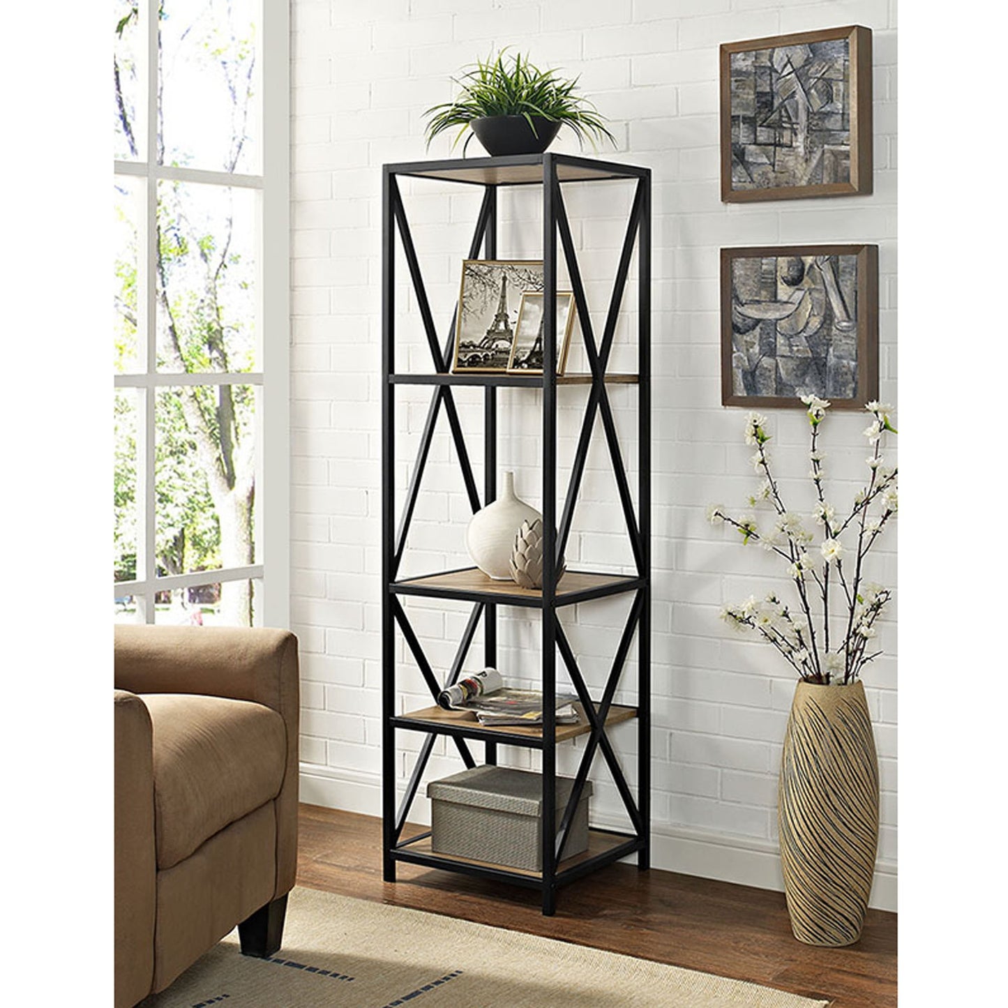 61" Tall X,Frame Metal and Wood Media Bookshelf in Barnwood Finish