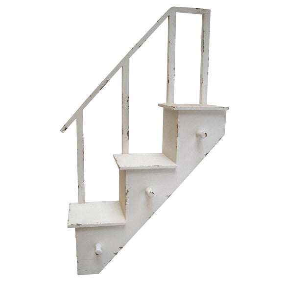 Stairway Wall Shelf with Hooks - Antique White - 30-3/4-in