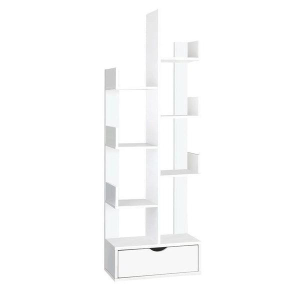 Artiss Wooden Tree Storage Display Shelf Bookcase CD Rack Shelving Unit Drawer White