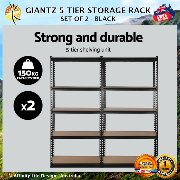 Giantz 5 Tier Industrial Shelving Unit Set Of 2 - Black